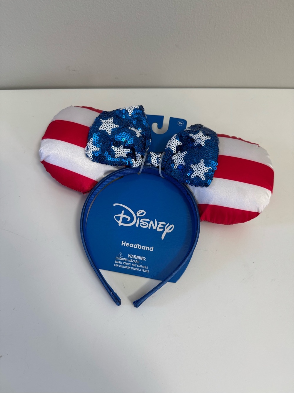Disney Minnie Mouse Patriotic USA Ears Headband with Red, White, Blue Sequin Bow